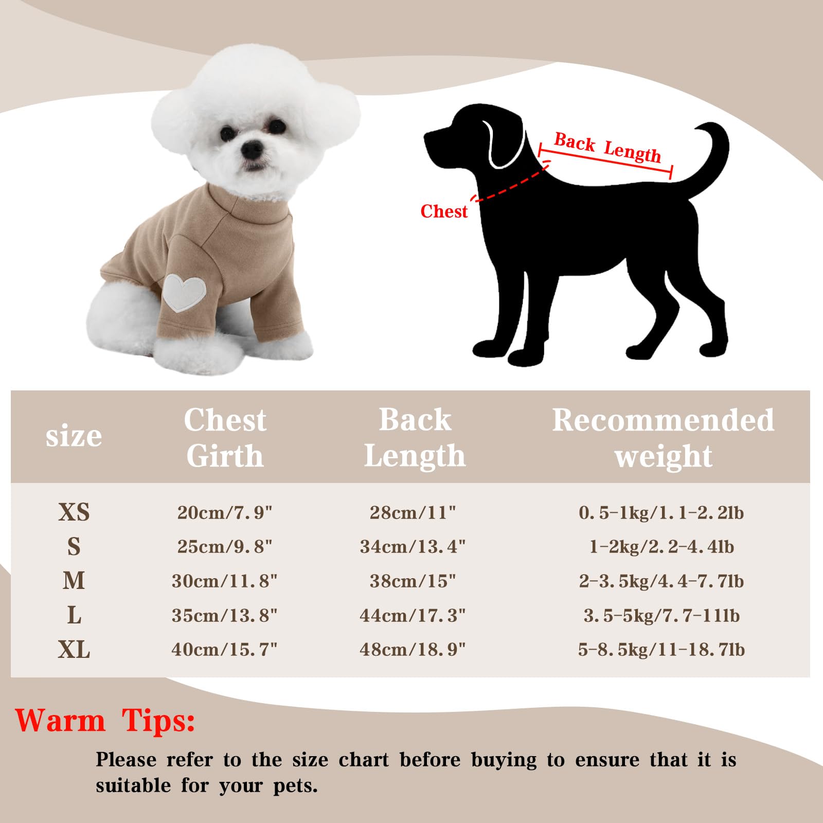 Yaopelky Dog Sweatshirt for Small Medium Dogs Warm Pet T Shirt Dog Clothes with Heart Print Cat Puppy Outfit Doggie Sweatshirts for Teddy,Chihuahua Schnauzer (Coffee,M) - Image 3