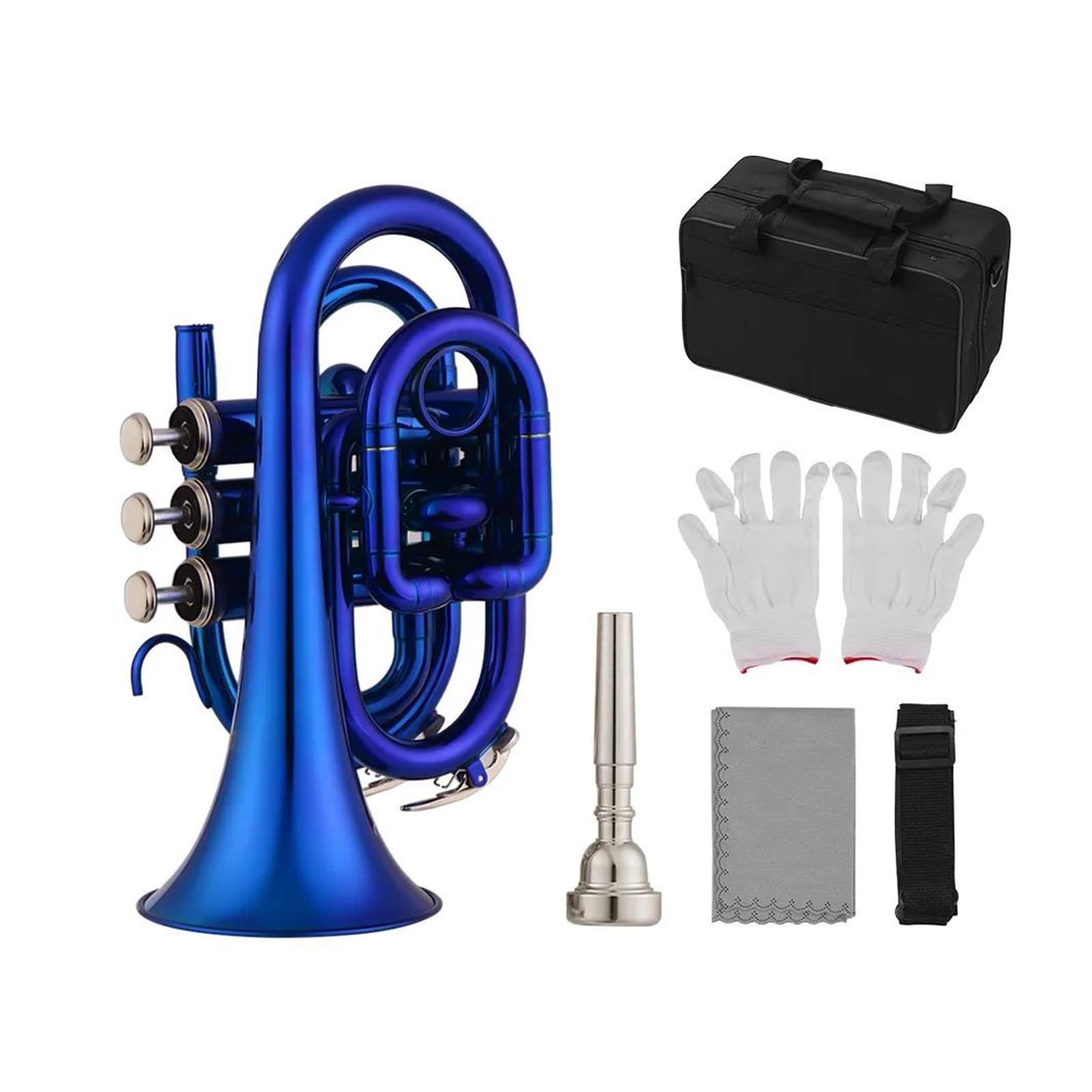 Trąbki Trąbka Kieszonkowa Bb, Płaski Instrument Dęty Z Mosiądzu Z Ustnikiem, Futerał Do Przenoszenia Akcesoriów (Color : Blue)