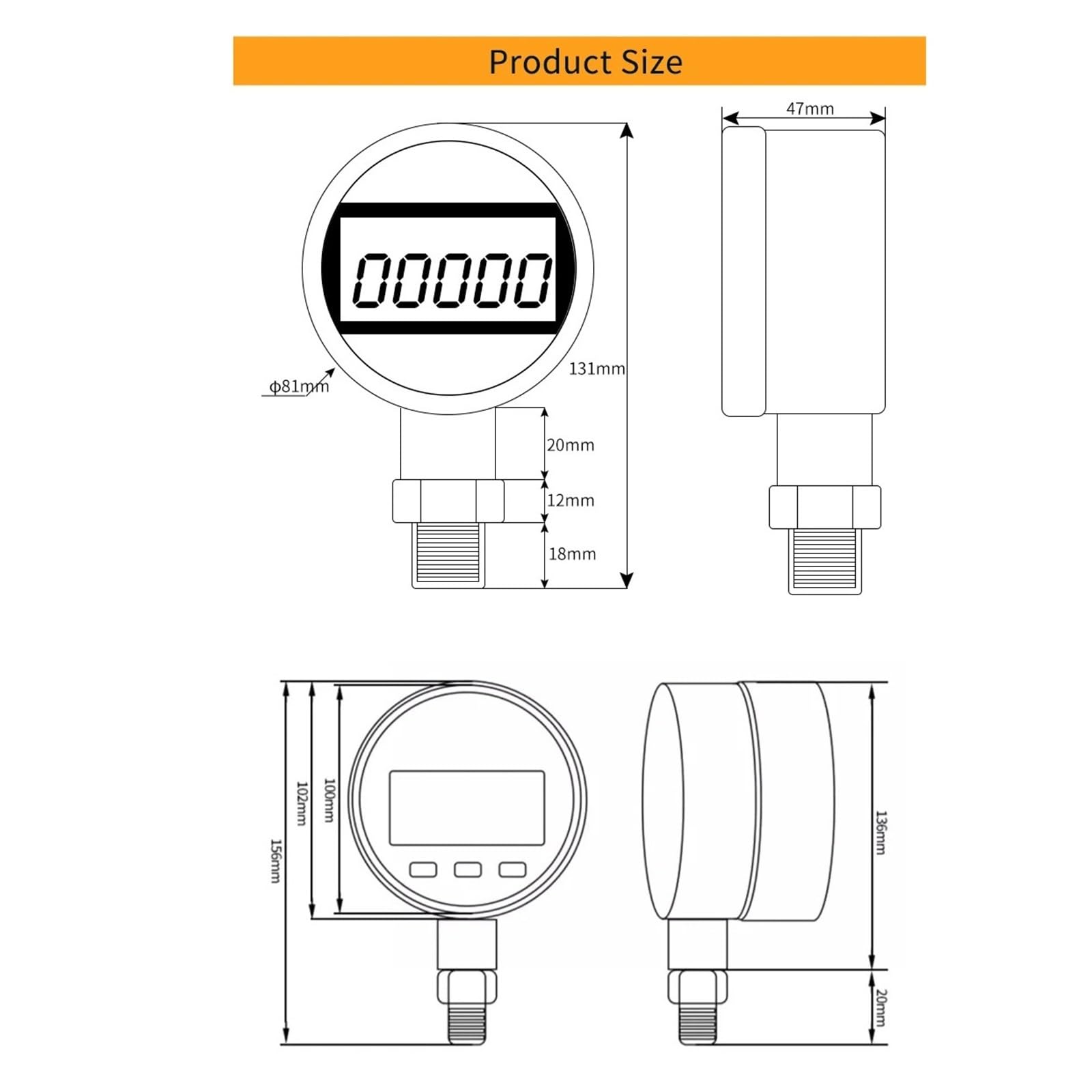 Digitales Manometer, NPT1-4 Luft, Flüssigkeit, Öl, Wasserdruck, Manometer, Manometer mit LCD-Display(-1-0 bar)