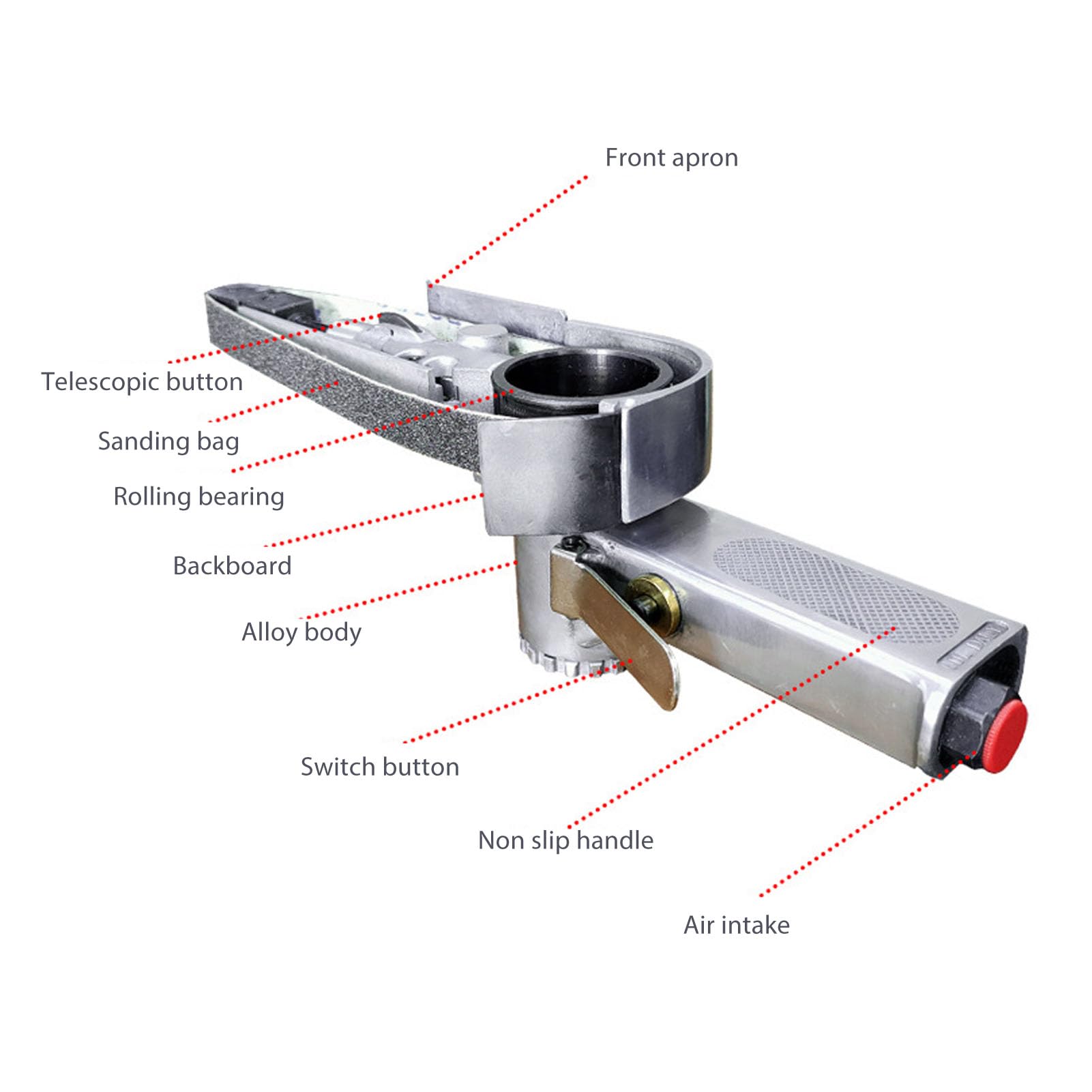 Air Belt Sander 1/4 inch Inlet Pneumatic Belt Sander Air Powered Handheld Mini Belt Sander Metal Working Polishing Grinder Kit 10mm with 2 Sanding Belt