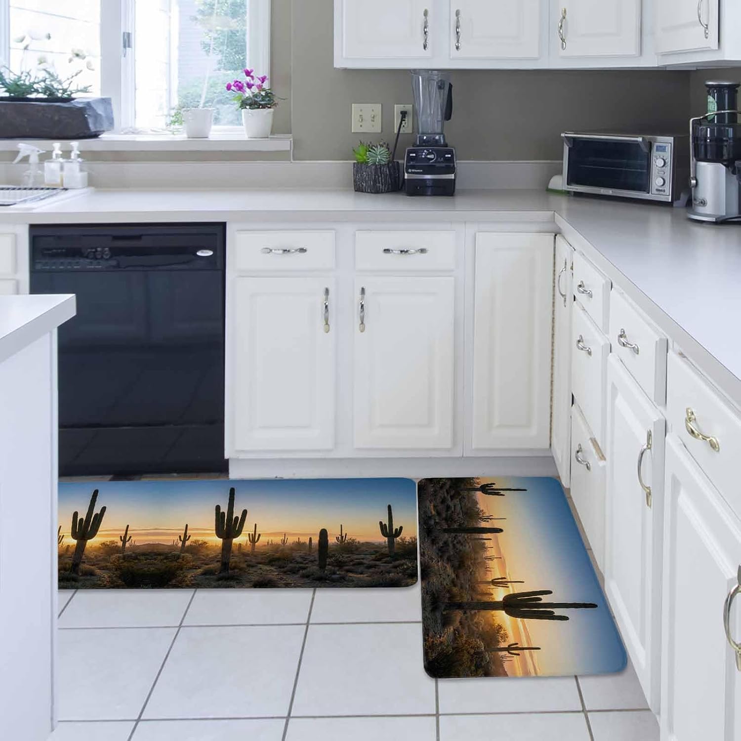 Western Cactus Sunrise Kitchen Rugs and Mats Set of 2, Non-Slip Kitchen Sink Mat, Modern Abstract Art Retro Washable Doormat Bathroom Rugs Runner for Bedroom/Living Room 17.7"x30"+17.7"x47.2"