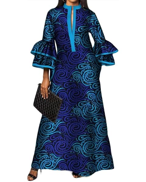 iooiooi Womens Double Layered Bell Sleeve African Maxi Dress Ankara Wedding Party Dress