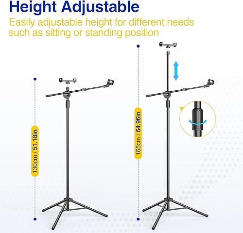 Miniatura 5 de Soporte de micrófono Boom, soporte para micrófono de suelo con soporte para teléfono y tableta, trípode de alta resistencia ajustable de altura y