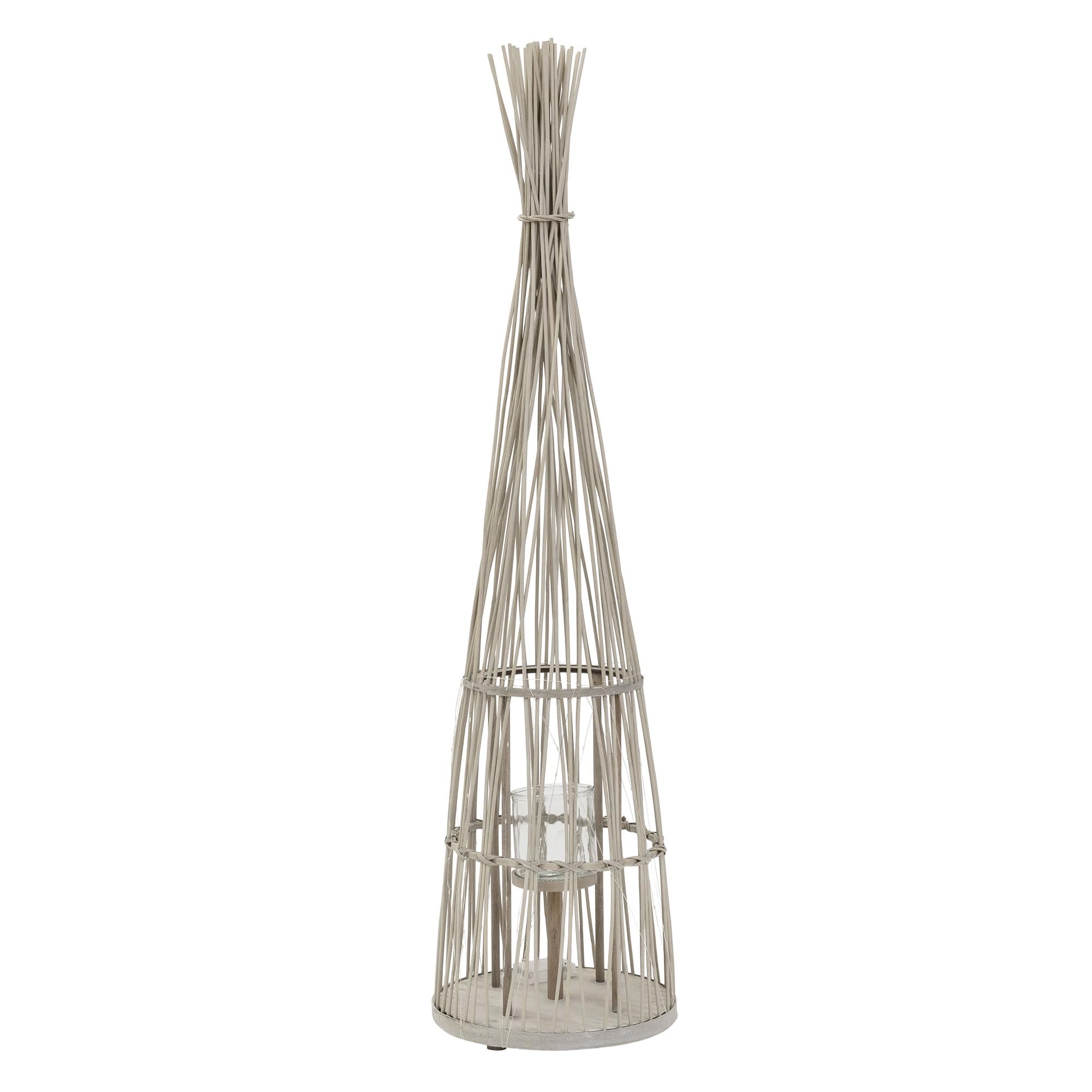 ECD Germany Linterna de Bambú con Guirnalda de Luces LED a Pilas e Inserto de Cristal, 91 cm, Portavelas de Madera, Farolillo Boho, Lámpara Interior/Exterior Decorativo para Jardín, Terraza, Balcón