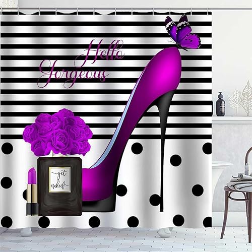 Miniatura 3 de Cortina de ducha de tacones altos morados, Hello Gorgeous Perfume a rayas blancas y negras, lápiz labial de mariposa rosa, maquillaje moderno de