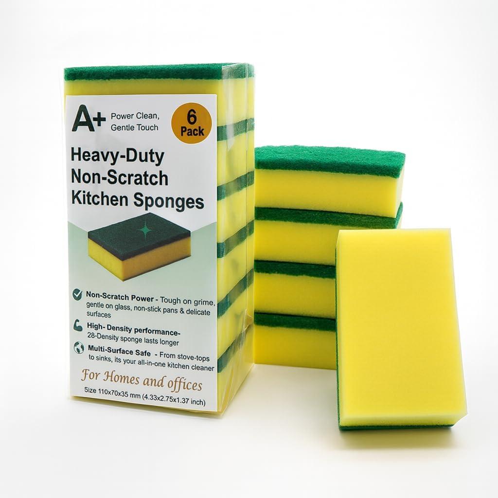 A Plus Kitchen Cleaning Sponge, Heavy Duty Non-Scratch Sponge for Non-Stick & Delicate Surfaces (When Used Gently), High Density, Dual-Side Multi-Surface Cleaning, 6 Pack (Yellow/Green)