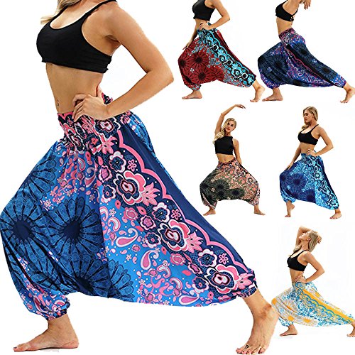 Sunmoot Boho Print Yoga Pants Womens Men High Waist Casual Summer Loose Baggy Jumpsuit Elastic Waist Harem Trousers