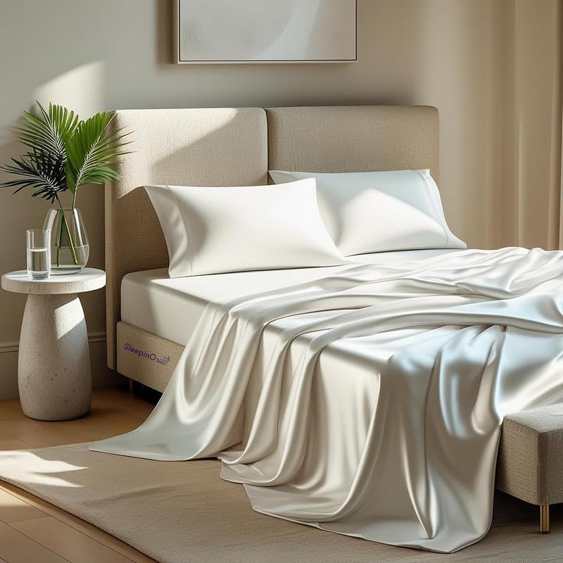 Image of Premium Satin Double Bed (90x100 Inchs) with 2 Pillow Cover Bedsheet Ultra Soft & Silky Smooth, Breathable Cooling Fabric, Luxury Glossy Finish|White