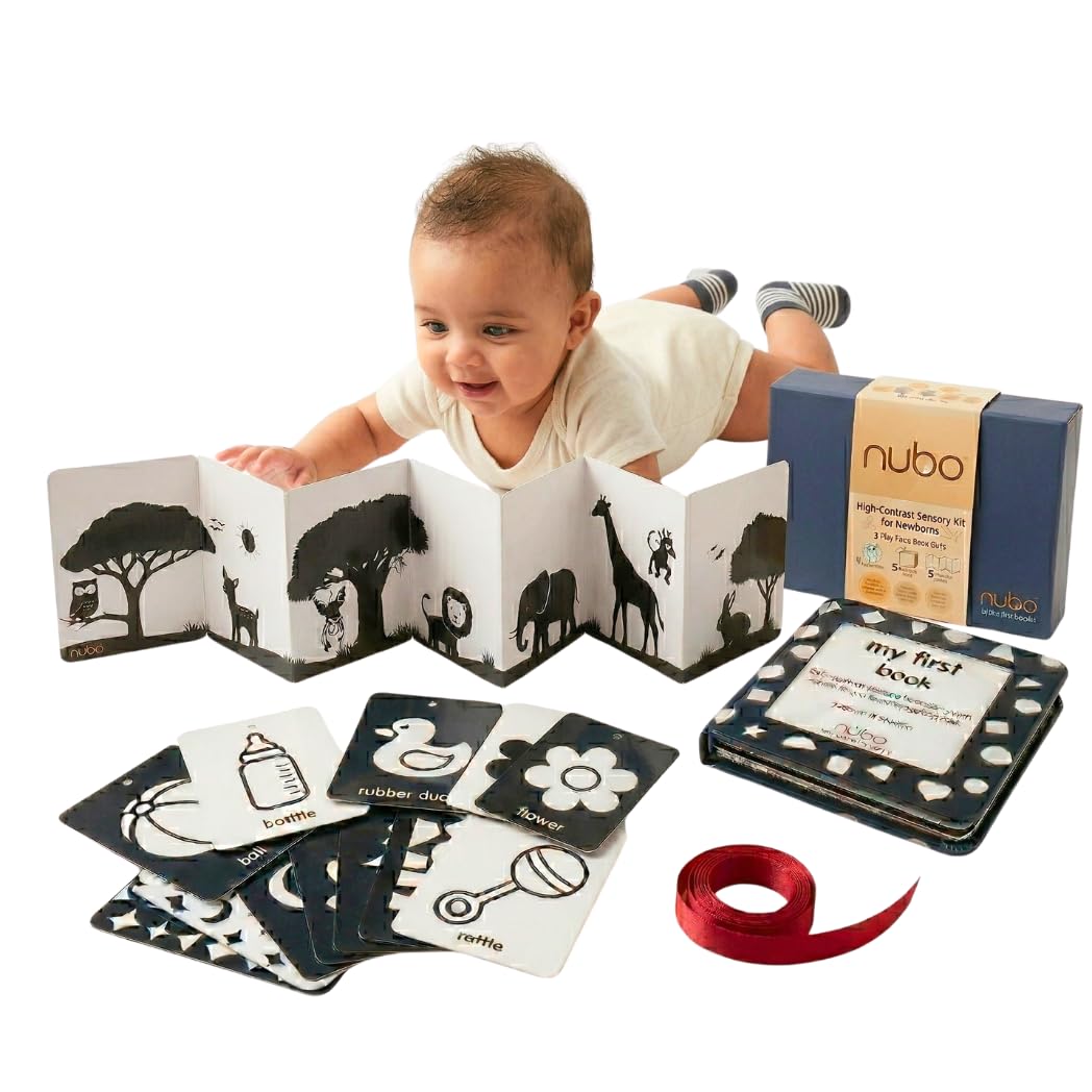 Nubokind Sensory Kit: Flash Cards for New Born Baby (3-in-1 Combo) | High Contrast Flash Cards for 0-3 Months | Crinkle Cloth Book with Mirror | Tummy Time Banner Toys for Newborns 0-6 Months & Older-image-43