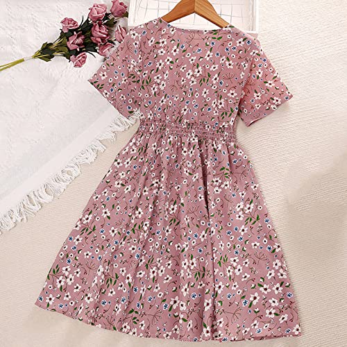Vestido infantil para meninas, manga curta, estampa de flores, gola V, vestido de verão, praia, fest