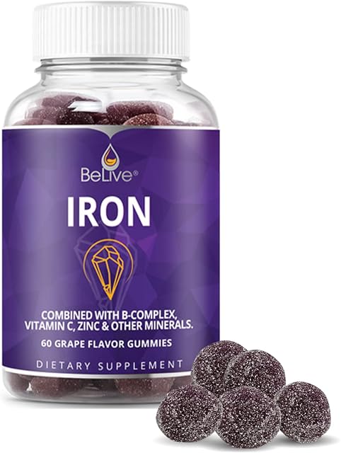 Iron Gummies Supplement with Vitamin C, A, Vitamins B Complex, Folate, Multivitamins for Women, Kids & Adults - Supports Energy, No After Taste, Vegan Supplements - Grape Flavor (60 Ct)