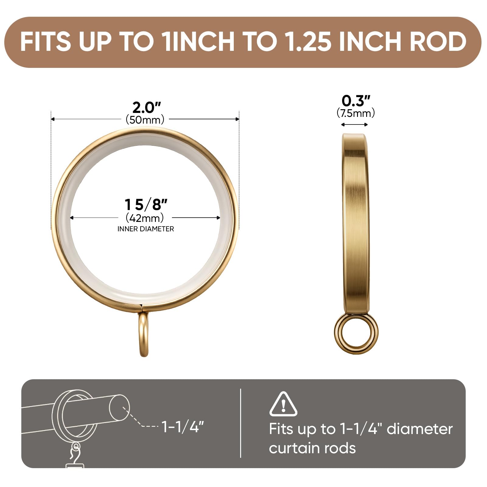 18 anelli per tende, silenziosi anelli per tende da 3,5 cm con inserti in plastica con clip in metallo per aste per tende, oro spazzolato