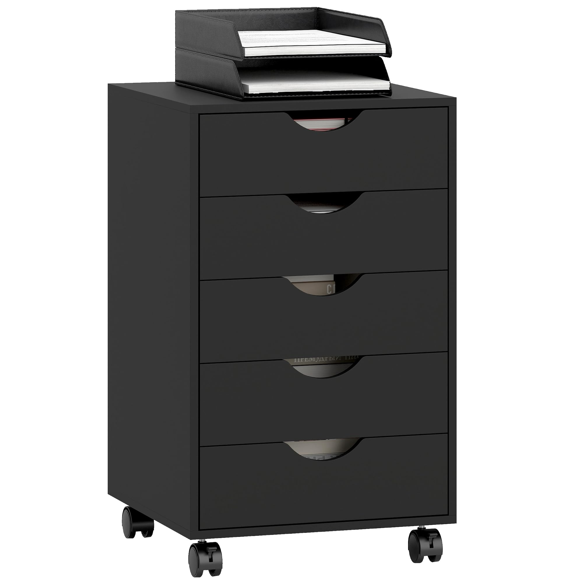 HOMCOM Cajonera Escritorio con Ruedas, Cajonera Oficina con 5 Cajones, Archivador Móvil, para Estudio, Salón, 40x40x67 cm, Negro