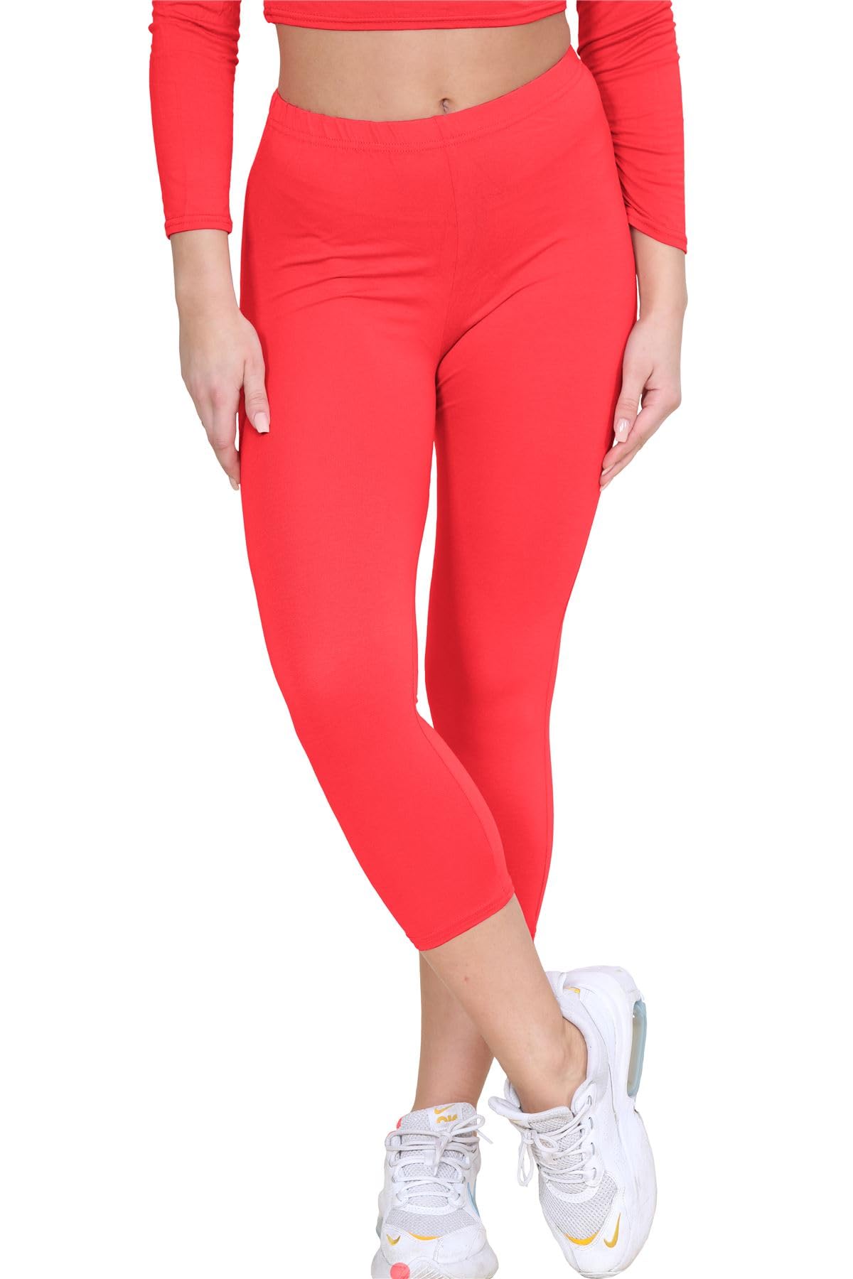 Janisramone Women's Red New Plain Stretchy 3/4 Leggings Workout Tight Gym Cropped Capri Active Pants