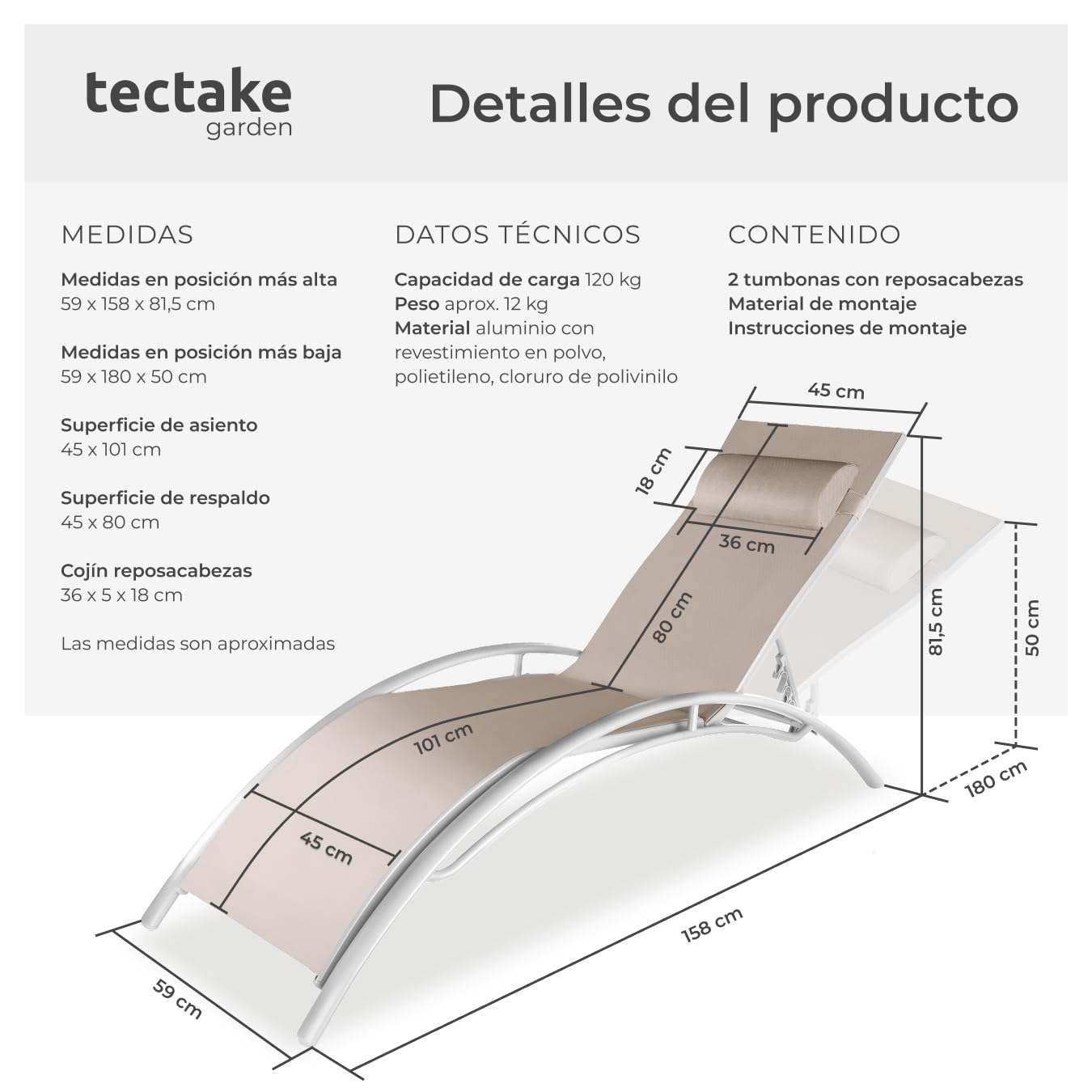 tectake® Set de 2 Tumbonas Jardín Exterior, Tumbona con Reposacabezas para Playa y Reclinable en 7 Posiciones, Tumbona Piscina en Aluminio, Carga Máx. 120 kg, Fácil Montaje - Beige