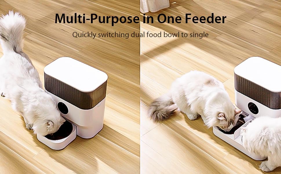 Image showing the Espelho pet feeder configured for dual food bowls and then for a single food bowl, with text 'Multi-Purpose in One Feeder' and 'Quickly switching dual food bowl to single'.