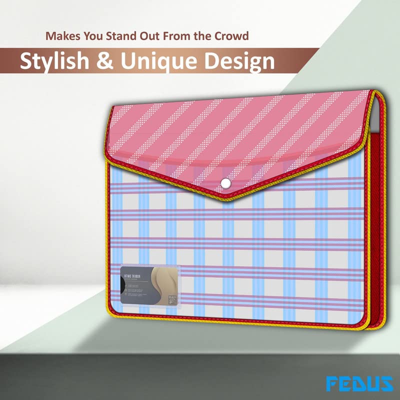 Image of FEDUS Documents Holder Envelope Folder, Stylist Printed File Storage Bag with Snap Button Transparent Plastic File for documents Certificate File Document Folder for Certificate RED