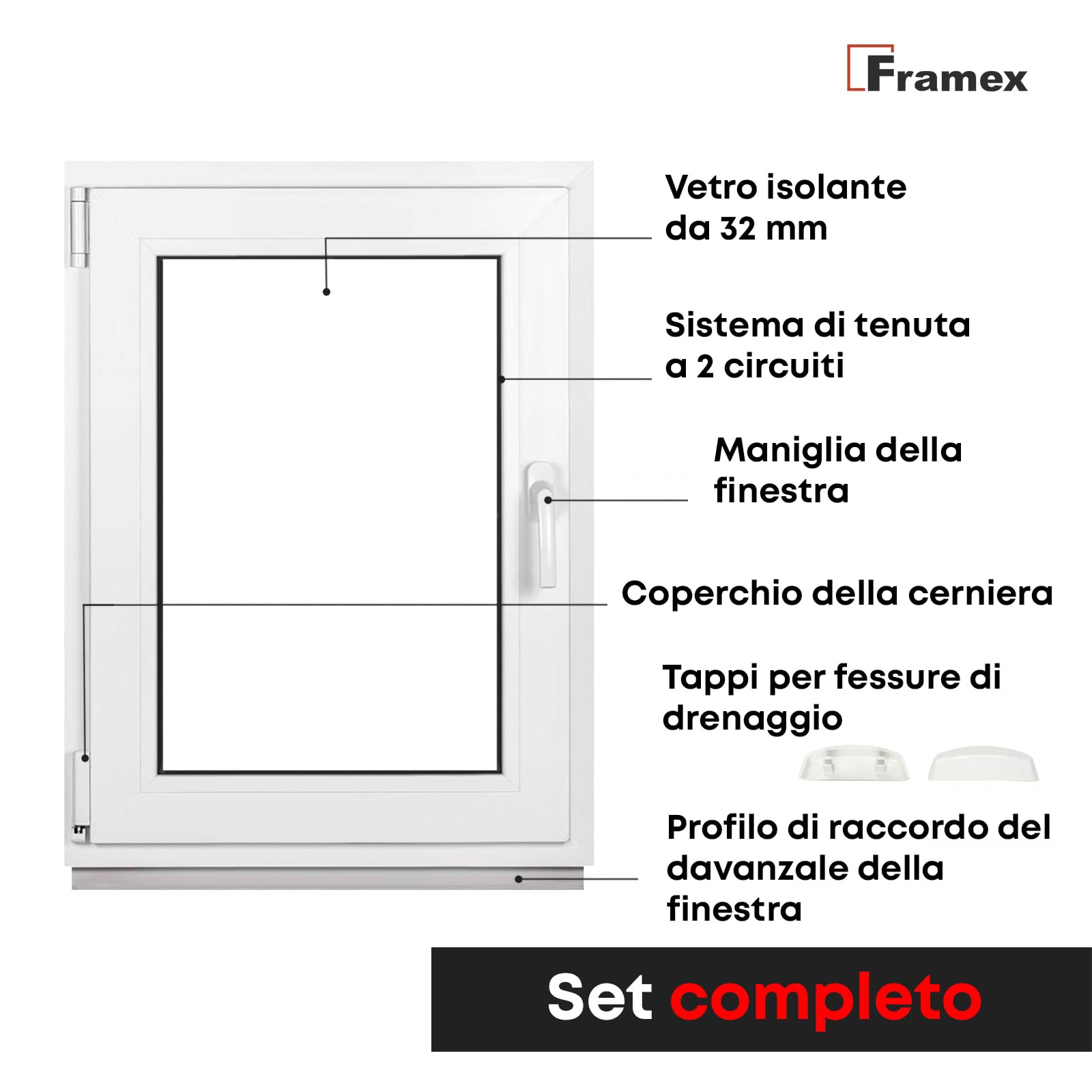 Framex Finestra in Plastica Bianca Larghezza x Altezza 85 x 55 cm (850 x 550 mm) Doppi Vetri (32 mm), Anta-Ribalta, Girevole DIN Sinistra – Premium