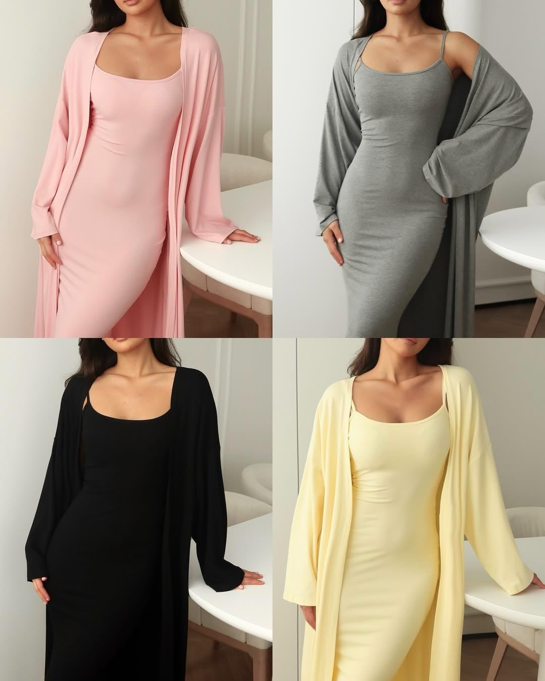 Conjunto 2 Piezas Mujer Conjunto De Dos Piezas Para Mujer Cárdigan Largo Abierto Por Delante Y Vestido Maxi Ajustado Sin Mangas Ropa De Estar Por Casa Elegante E Informal Conjunto A Juego Para Oto