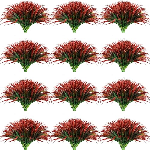 Yuxung 50 Pcs Artificial Tropical Plants Red Faux Fake Grasses Plastic Fake Bushes Tall UV Resistant Greenery for Home Garden Office Patio Window Hanging Planter Pathway Front Porch