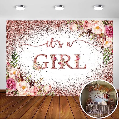 Avezano Rose Gold Baby Shower Backdrop for Girls Party Blush Pink Floral It's a Girl Photography Background Glitters Confetti Decoration Photoshoot Events Banner (7x5ft)
