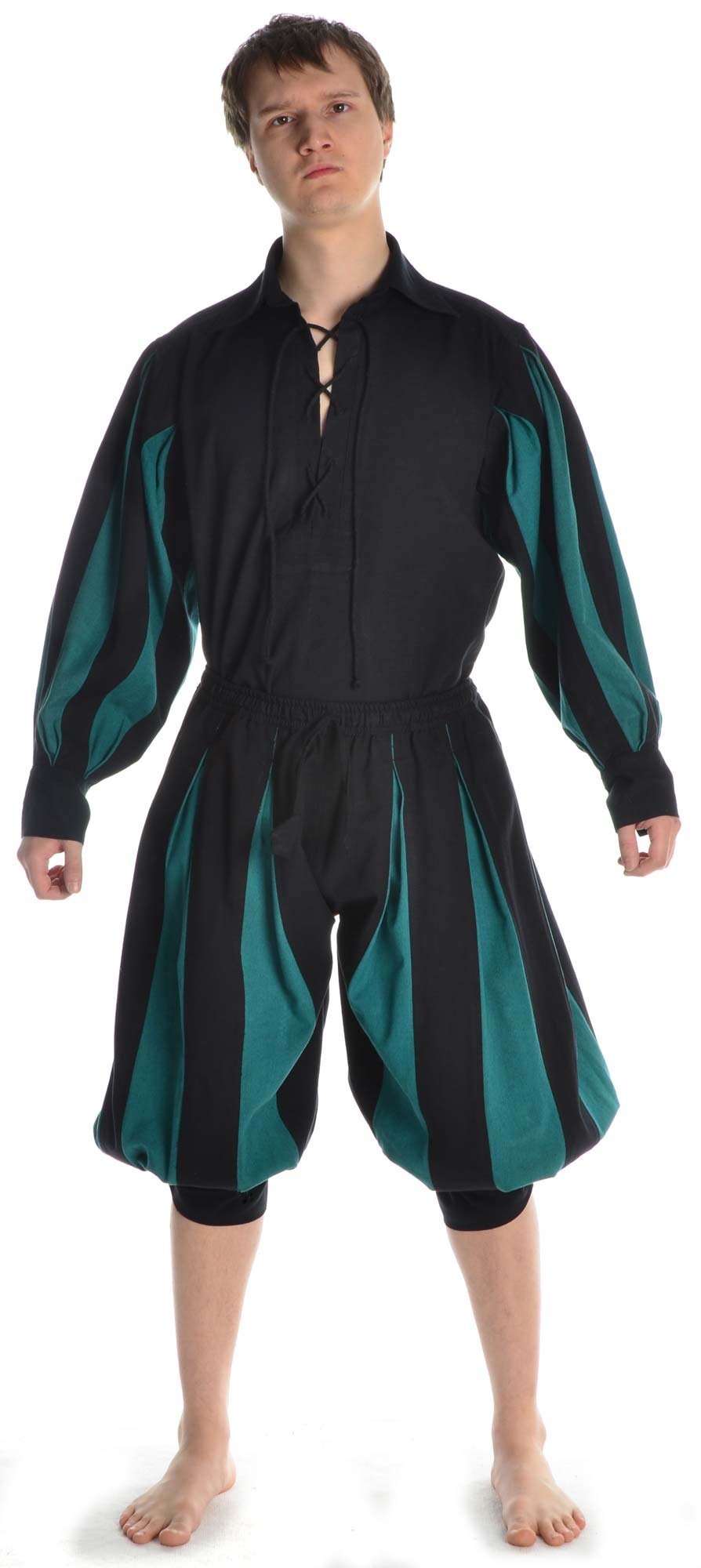 Pantalones Medievales Landsknecht para Hombres - Longitud de la Pantorrilla - Algodón Puro - S-XXXL Negro-Verte, Negro-Marrón, Negro-Rojo