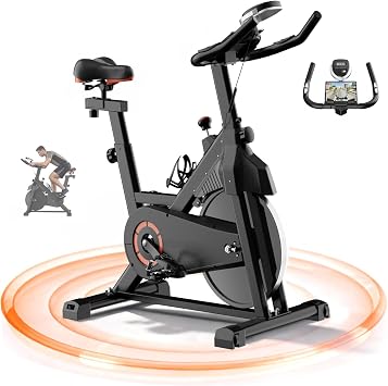 Exercise Bike, Adjustable Stationary Bikes for Home with Brake Pad Silent Belt Drive, 400LB Weight Capacity Indoor Cycling Bike with Upgraded Comfortable Seat, Tablet & Water Bottle Holder Black