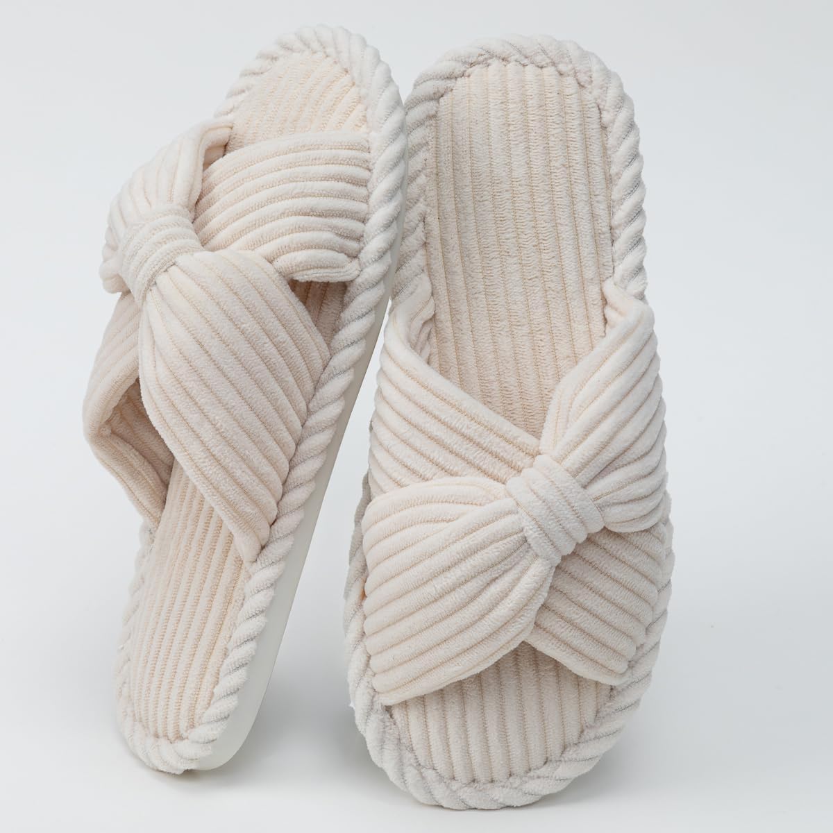 Women's Slippers Corduroy Crisscross Bow Open-Toe Memory Foam House Slippers