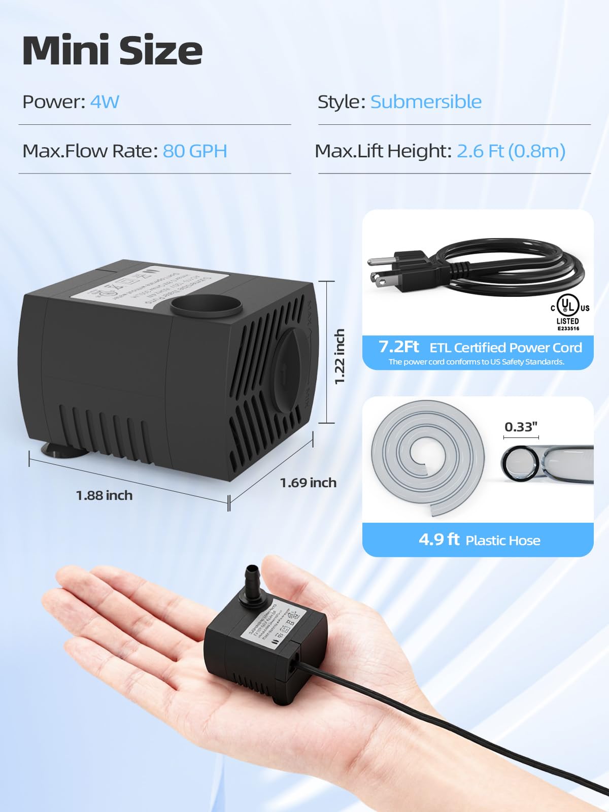 Zatapialna pompa wodna 80 GPH (300 l/h, 4 W), trwała pompa do fontanny outdoorowej z wężem 1,5 m do akwariów, akwariów, fontann stawowych, statuetek, hydroponicznych, studni wodnych