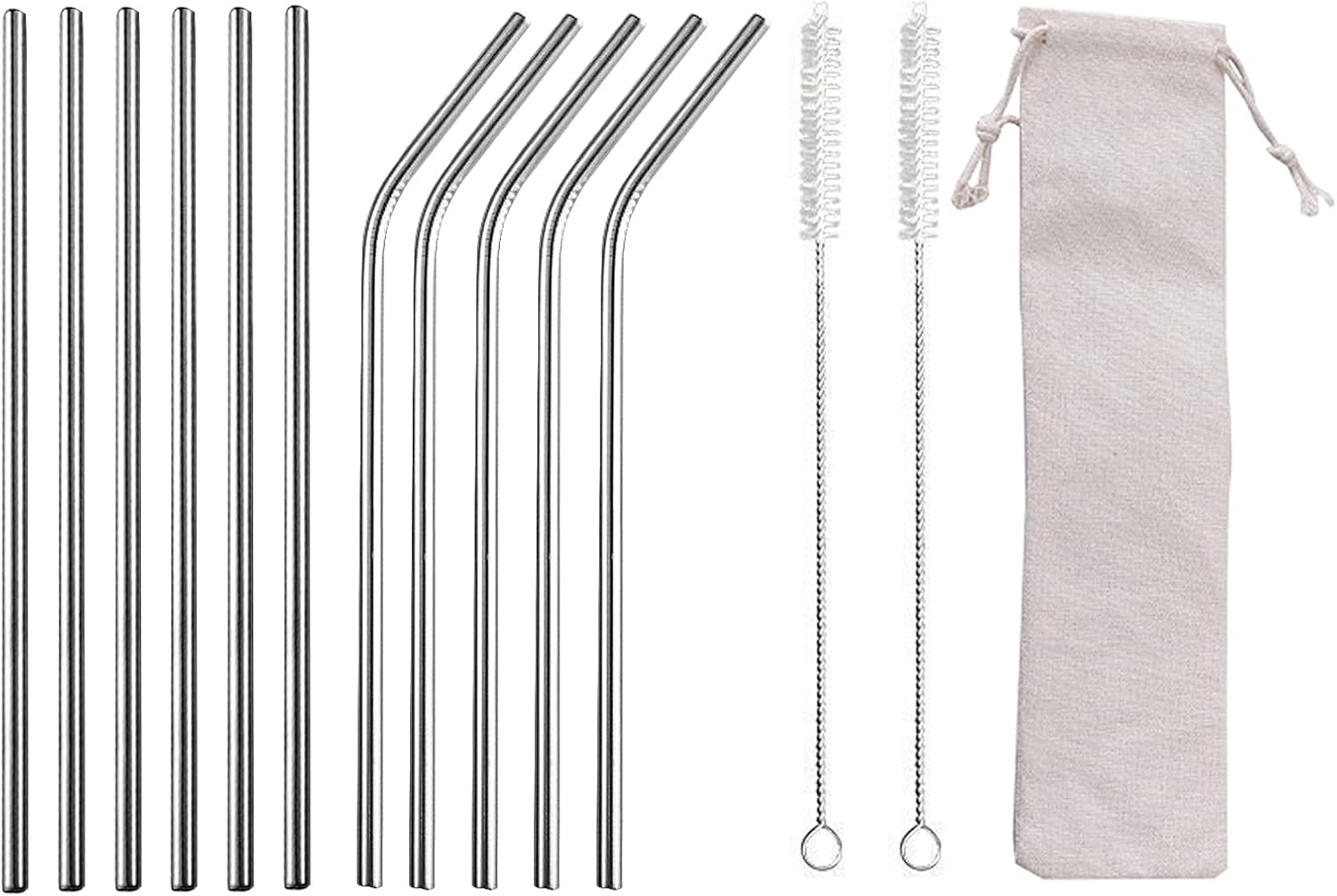 Alfresco Pajas Metálicas, 12 Piezas Reutilizables 6 Rectas + 6 Curvas, 21 cm Pajitas con 2 Cepillos de Limpieza y 1 Bolsa de Transporte Portátil, para Cóctel, Leche, Batido, Café Helado, Té de Burbuja