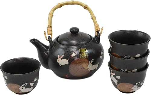 Miniatura 2 de Ebros Eastern Folklore White Moon Rabbit Liebre Porcelana Negro Tetera 22oz y tazas Sirve 4 invitados con mango de bambú y colador Decoración del