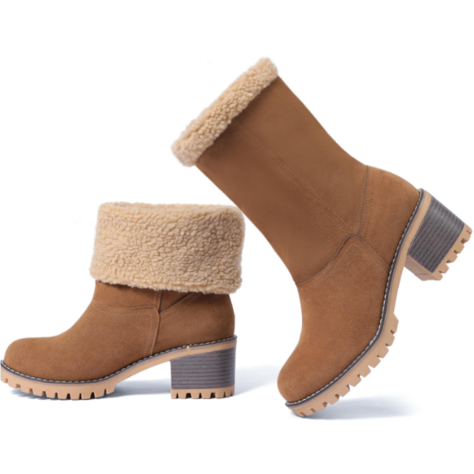 VIMISAOI Winter Boots for Women Comfortable Slip On Mid Chunky Heel Suede Warm Snow Ankle Boots Outdoor Shoes