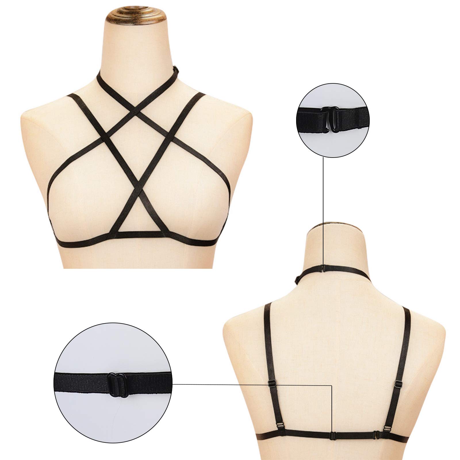 LIVE4COOL Women Harness Elastic Cupless Cage Bra Sexy Lingerie for Women Adjustable Hollow Out Crop Top Exotic Strap Bra: Black Kit