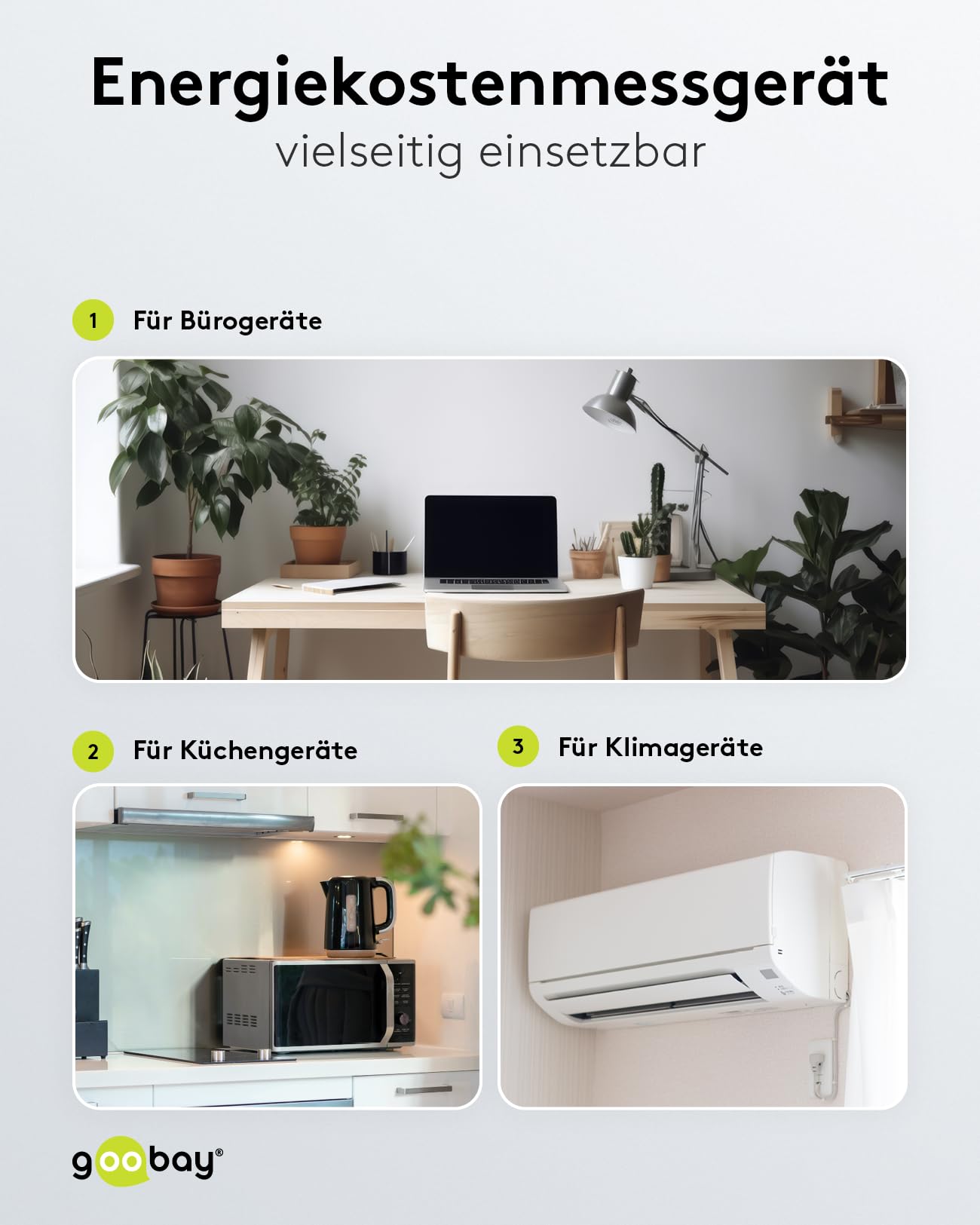 goobay Contatore elettrico per presa elettrica da balcone con 5 modalità di visualizzazione - Misuratore di corrente con indicatore dei costi di consumo - Misuratore di corrente - Campo di misurazione