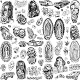 6 Blatt Chicano Temporäre Tattoos Damen Frauen Männer Herren Erwachsene, Halloween Gesichts Make up Set Schwarz Chicana Guadalupe Fake Klebetattoos Tattoo Aufkleber Gothic Mexiko Tatoos Festival