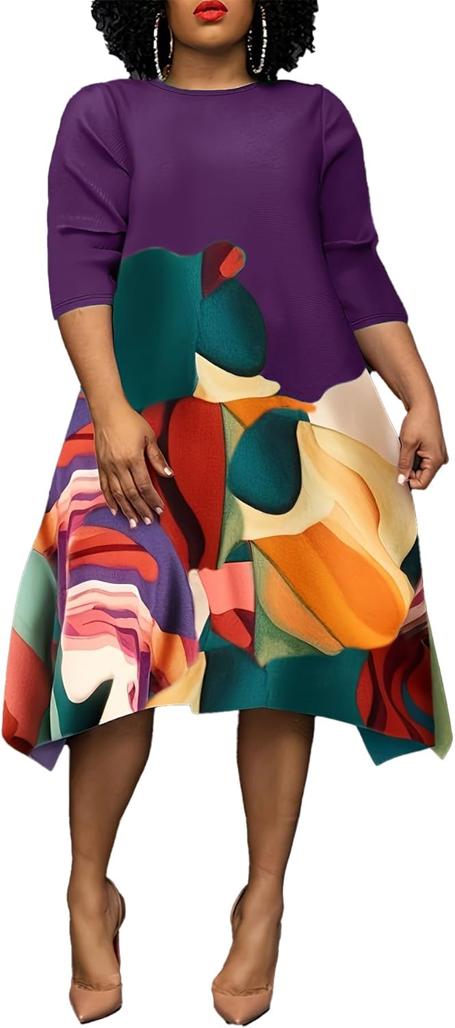 Women's Plus Size Dress Casual Floral 3/4 Sleeve A-Line Asymmetric Hem Swing Midi Dresses