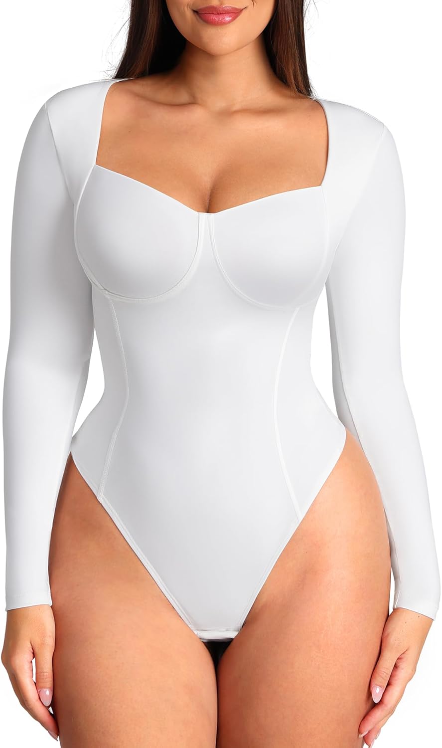 FeelinGirl Long Sleeve Shapewear Tummy Control for Women Thong Body Shaper Sweetheart Neckline Shapewear Bodysuits