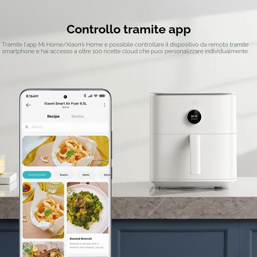 Xiaomi Smart Air Fryer 6.5L Friggitrice ad aria 6.5L, 1800W, 100 ricette, display OLED, temperatura regolabile 40°C-220°C °, cottura uniforme 360°, nero