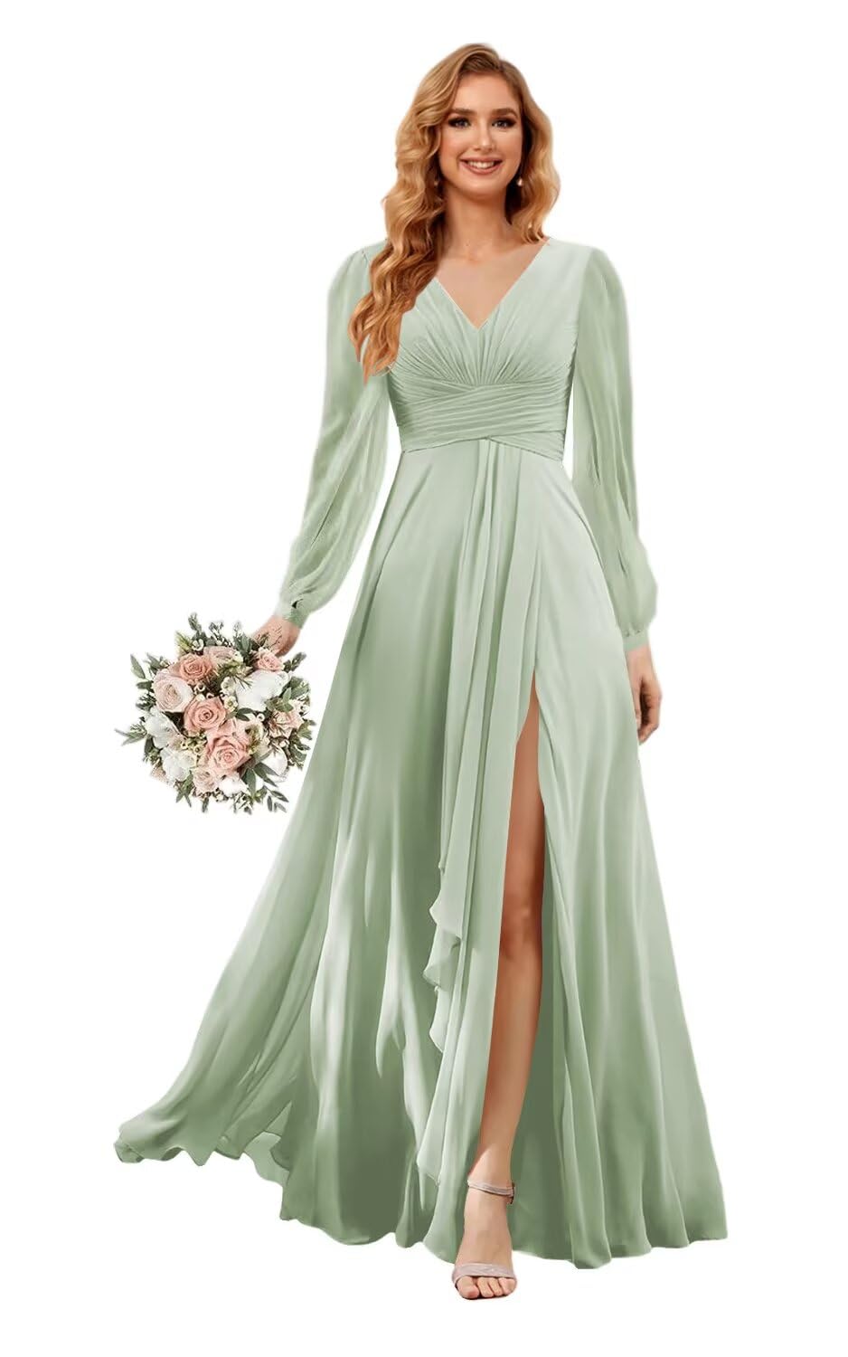 Noras dress Womens V Neck Bridesmaid Dresses Long Sleeves 2025 Chiffon A Line Formal Dress Long with Slit