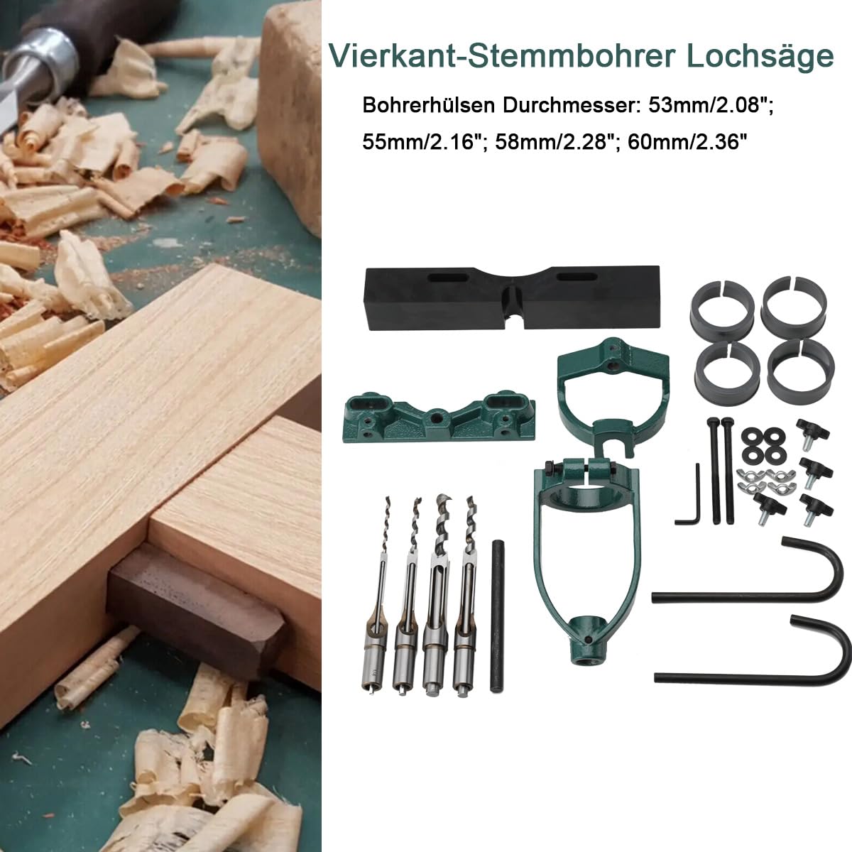 Vierkant-Stemmbohrer Lochsäge Stemmmaschine für Holz Meißel Bohrer Quadrat Löcher Mortising Mortise Locator Set Für Bohrmaschine, Stemmmeißel Zapfmaschine Mit 4 Bits Stahl Holzbearbeitungsbank