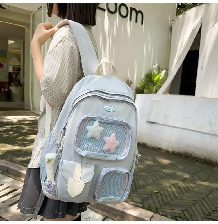 Womens Star Preppy Backpack with Cute Plush Pendant Y2k Aesthetic Laptop Backpack Large Kawaii College Daypack (Blue)2