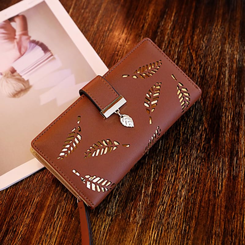 Women's Long Leather Wallet with Leaf Closure – Bifold Card Holder, RFID Blocking, Elegant Zipper Clutch Purse2