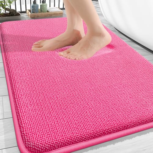 Image of OLANLY Thick Memory Foam Bath Mat Rug 30x20, Extra Soft Absorbent Bathroom Rug, Quick Dry Bath Mats, Non-Slip, Machine Washable Carpet for Bathroom, Tub and Shower, Home Decor Accessories, Hot Pink