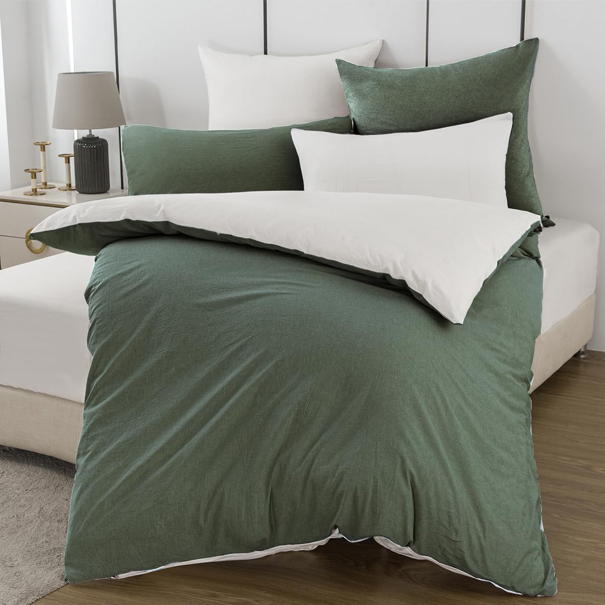 Nesture Bettwäsche 135x200 Baumwolle Dunkelgrün/Weiß - Bettwäsche-Sets 2teilig Weich, 100% Gewaschene Baumwoll, Enthält 1 Bettbezug 135 x 200cm und 1 Kissenbezug 80x80 mit Reißverschluss