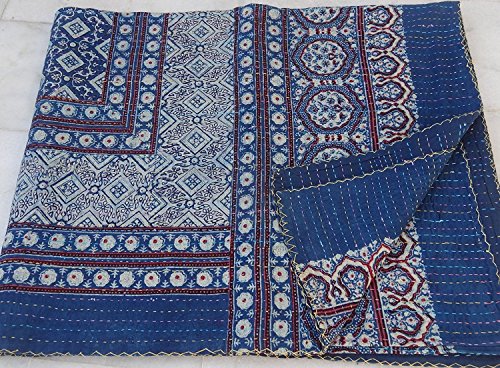 Sophia-Art Queen Size Hand Block Print Kantha Quilt 90x108 Inch Ajrakh Bedspread Vegetable Dye Blanket Indigo Print (Blue Red 2)