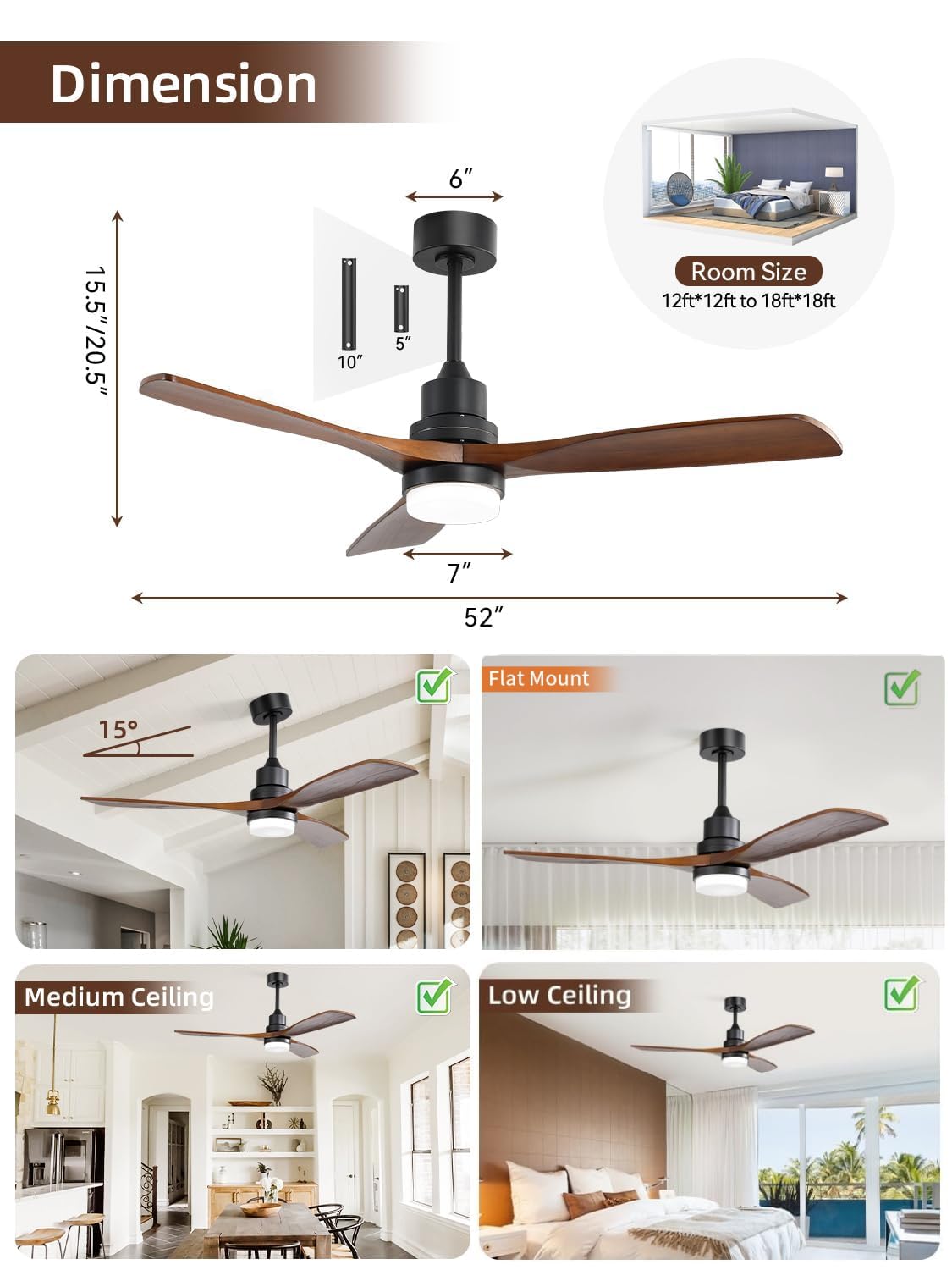 Sofucor 52" Wood Ceiling Fan with Lights & Remote -5