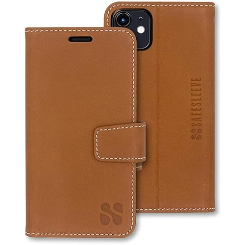 SafeSleeve Wallet Leather Case for iPhone 12 Mini EMF Blocker for Cell Phone with 3 Card Holder & Adjustable Stand – Magnetic Closure, and Magnetic Folio Protection for Daily Use (Leather)