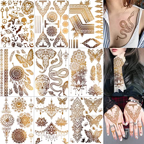 Vantaty 9 Sheets 93+ Flash Gold Temporary Tattoos For Women Hands Girls Hands Arm Sleeve Underboobs, India Tribal Bohemia Lotus Mandala Flower Skeleton Golden Metallic Tattoo Stickers Adult Butterfly Snake Dreamcatcher, Halloween Fake Glitter Tattoo Elephant #TOP21