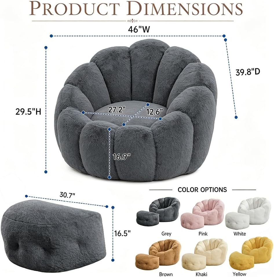 Flower Bean Bag Chair with Ottoman, Comfy Fuax Fur Beanbag for Adults & Teens, Fluffy Plush Floor Lazy Sofa for Bedroom, Living Room, Reading Nook, Grey