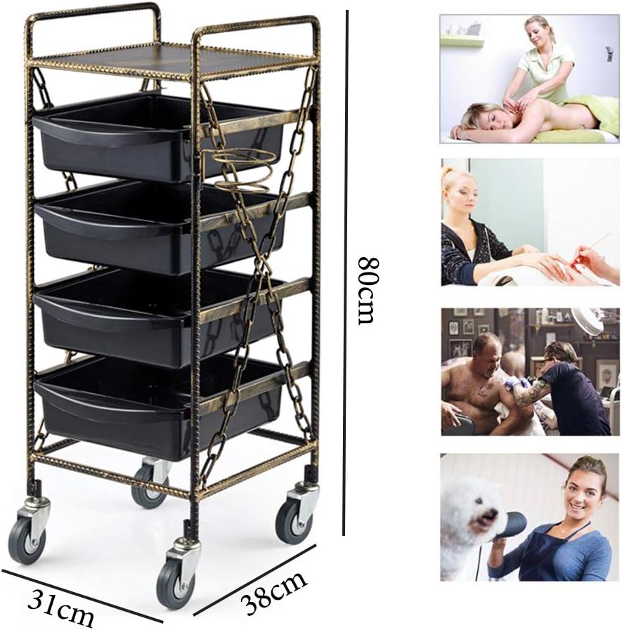 Salon Trolley Retro with 4 Drawers Storage Trolley with Rolling Castors for Beauty Makeup Coloring Spa Tool Storage